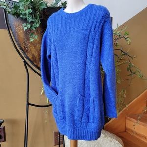 Vintage Tunic Sweater Blue Lady Roi Long Ribbed Cable Knit With Pockets M